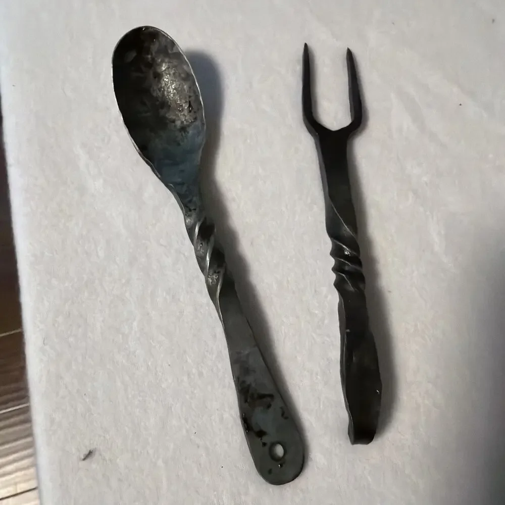 Set of 2 Hand Forged Metal Spoon & Spork